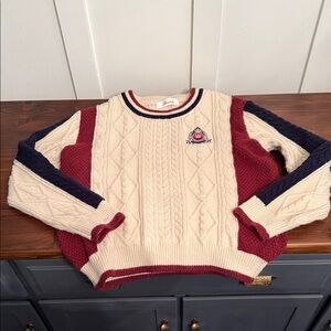 Coastal Prep Cable Knit Sweater Cream Burgundy Navy Fisherman Knit L